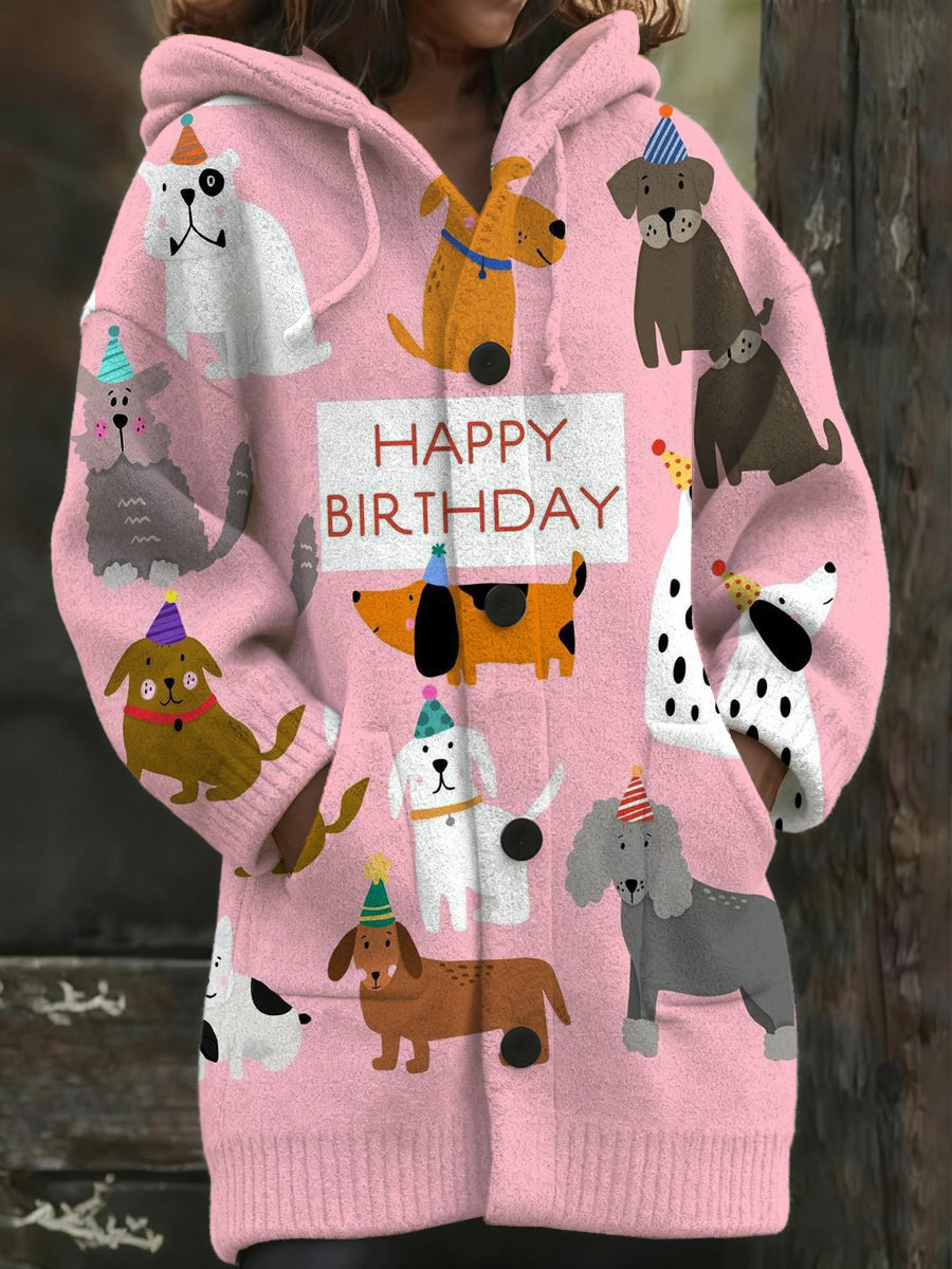 Manteau long à capuche à imprimé chien joyeux anniversaire pour femme