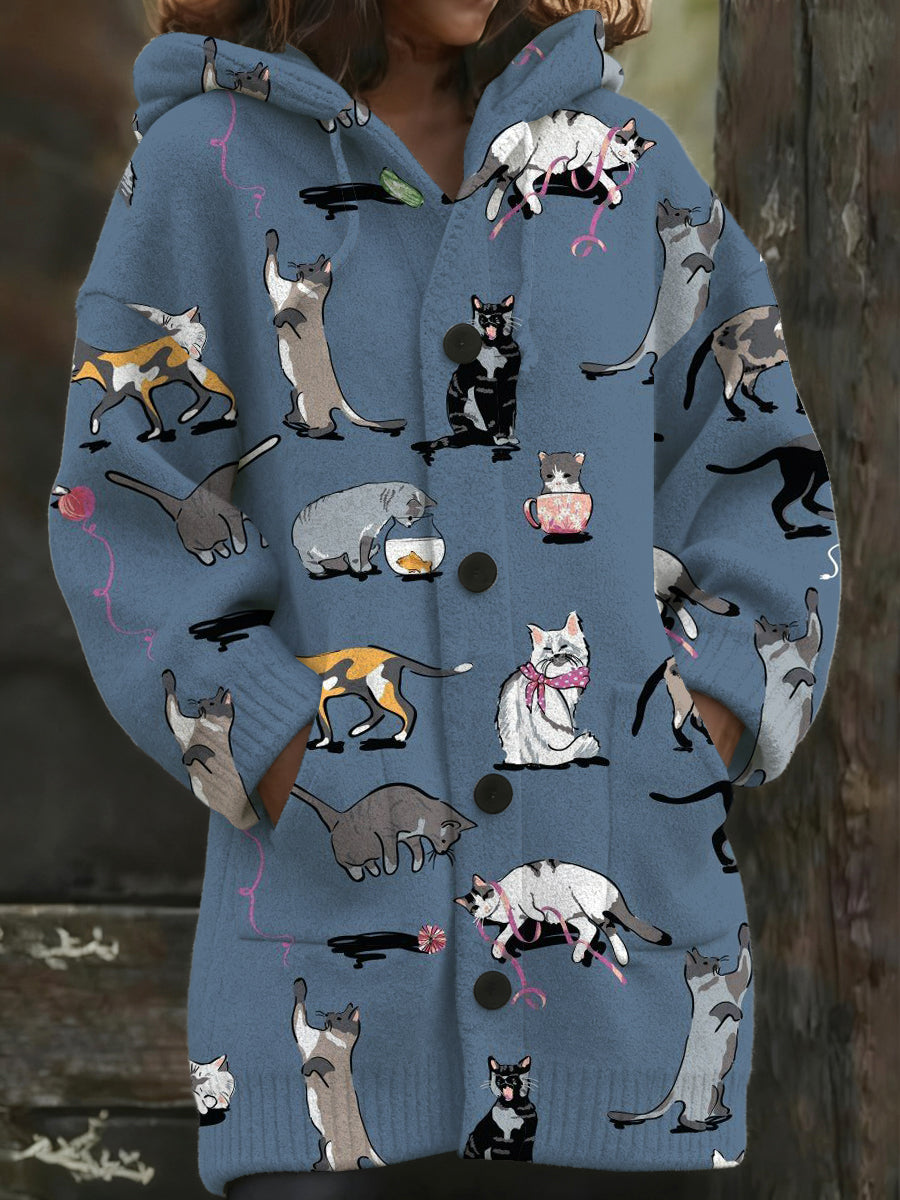 Manteau long à capuchon imprimé chat ludique pour femme