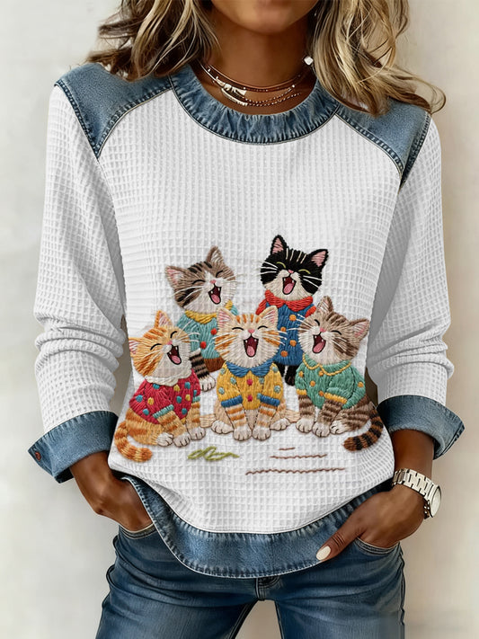 Mignon Chat Imprimé Denim Patchwork Waffle Top des femmes