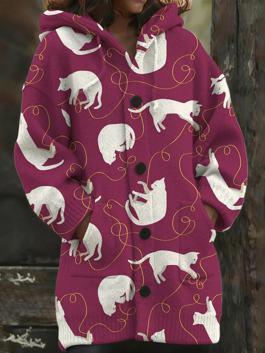 Manteau long à capuchon imprimé chat et chaîne pour femmes