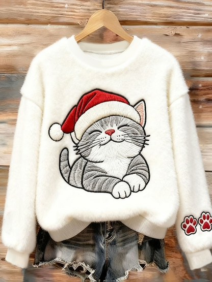 Sweat-shirt en flanelle art chat mignon de Noël pour femmes