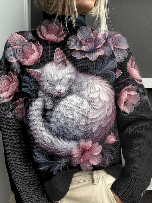 Pull Femme Noir Floral Cat