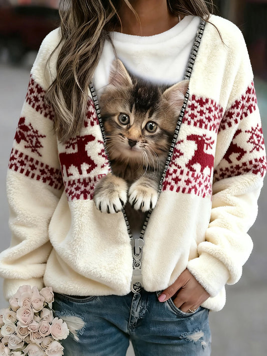 Rétro Noël Animal Art Imprimer confortable Flanelle Sweatshirt des femmes