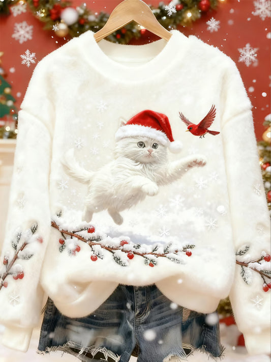Pull en flanelle décontracté à imprimé d'art chat de Noël pour femmes