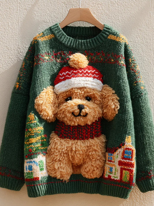 Pull en tricot confortable à imprimé animal de Noël décontracté rétro