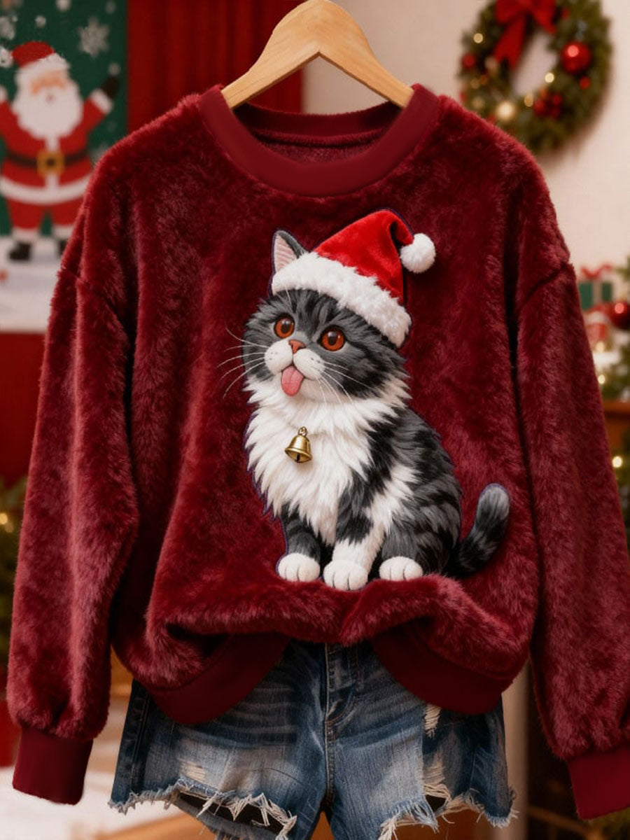 Sweat à capuche en flanelle chat de Noël pour femme