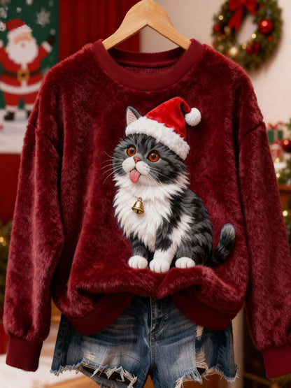 Sweat à capuche en flanelle chat de Noël pour femme