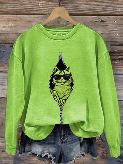 Sweat-shirt décontracté à imprimé chat Grinch pour femmes