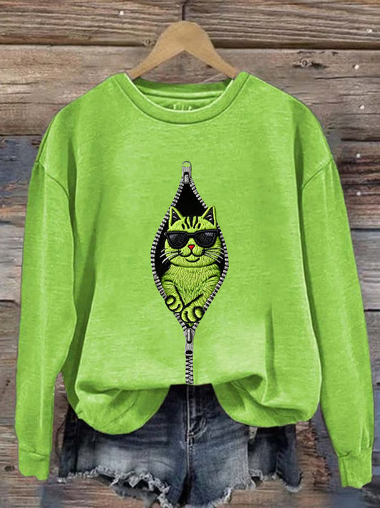 Sweat-shirt décontracté à imprimé chat Grinch pour femmes