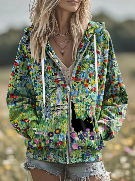 Sweat à capuche zippé imprimé chat mignon pour femmes