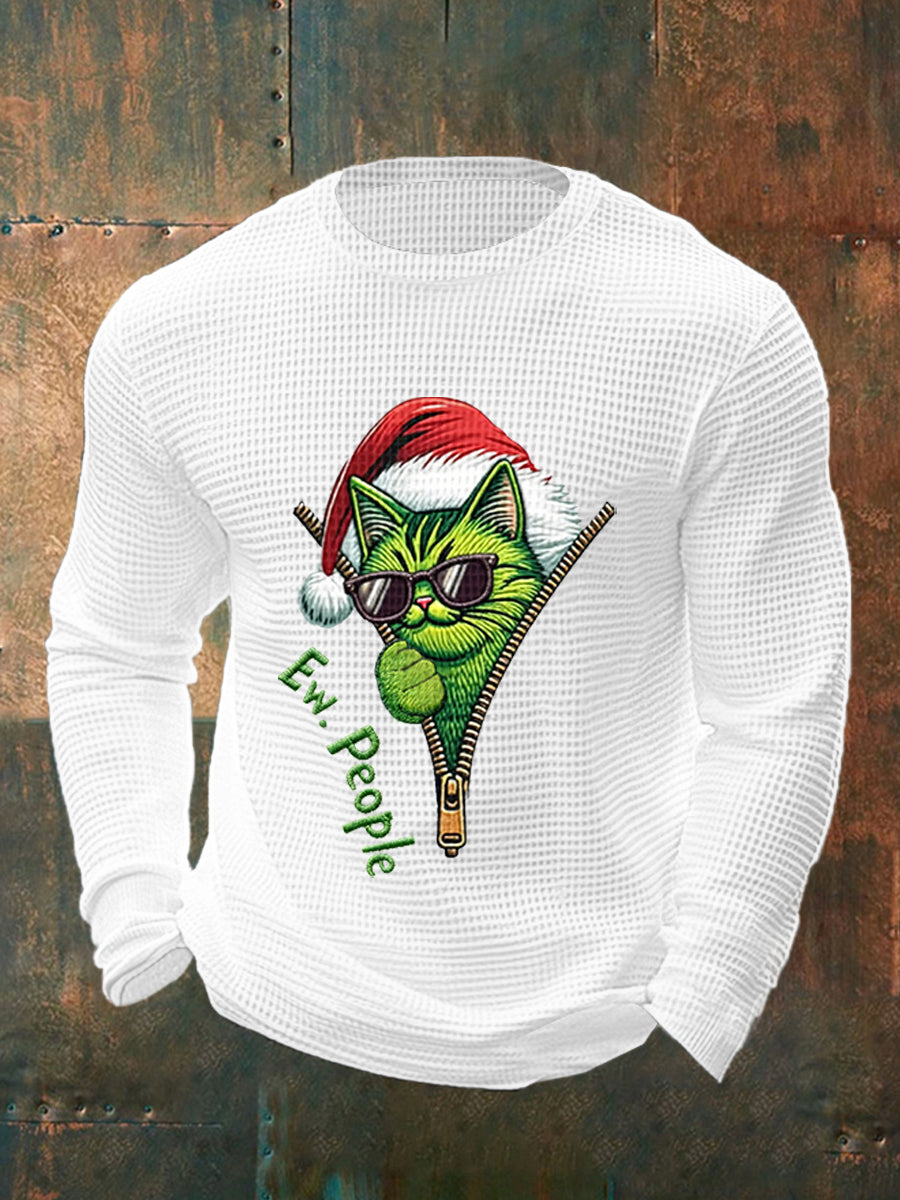 Funny Christmas Grinch Cat Print Casual Waffle Top à manches longues pour hommes