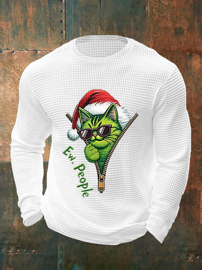 Funny Christmas Grinch Cat Print Casual Waffle Top à manches longues pour hommes