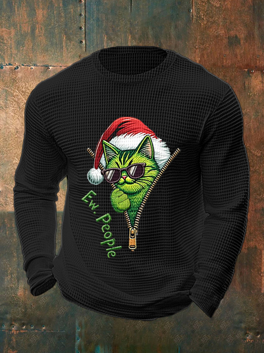 Funny Christmas Grinch Cat Print Casual Waffle Top à manches longues pour hommes