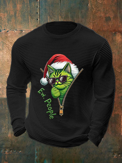 Funny Christmas Grinch Cat Print Casual Waffle Top à manches longues pour hommes