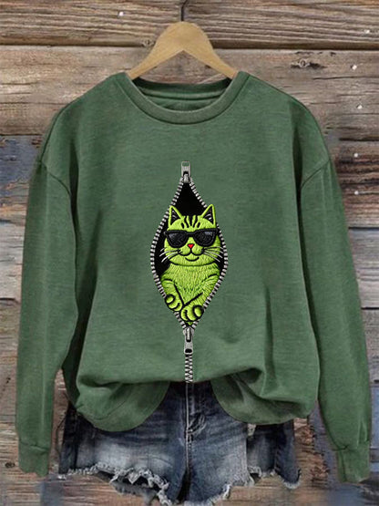 Sweat-shirt décontracté à imprimé chat Grinch pour femmes