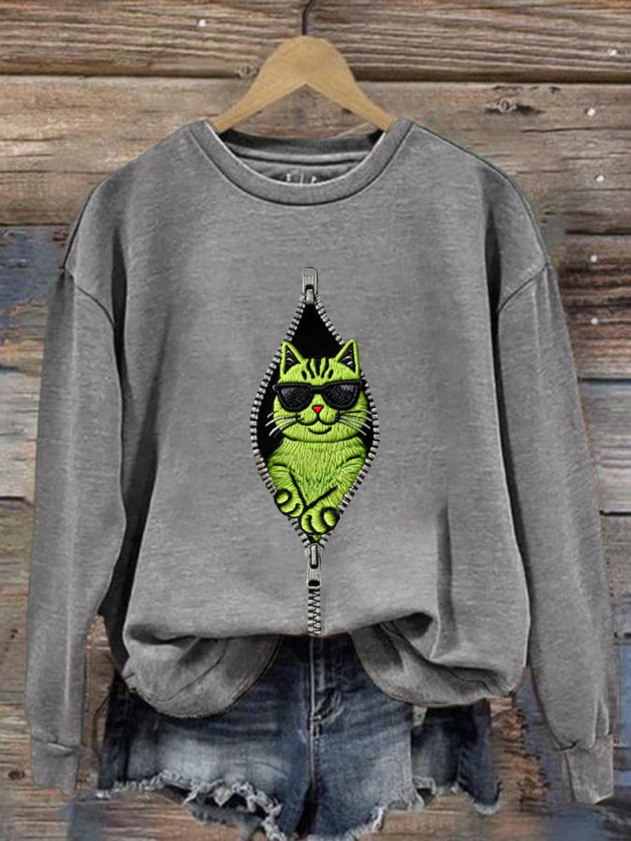 Sweat-shirt décontracté à imprimé chat Grinch pour femmes