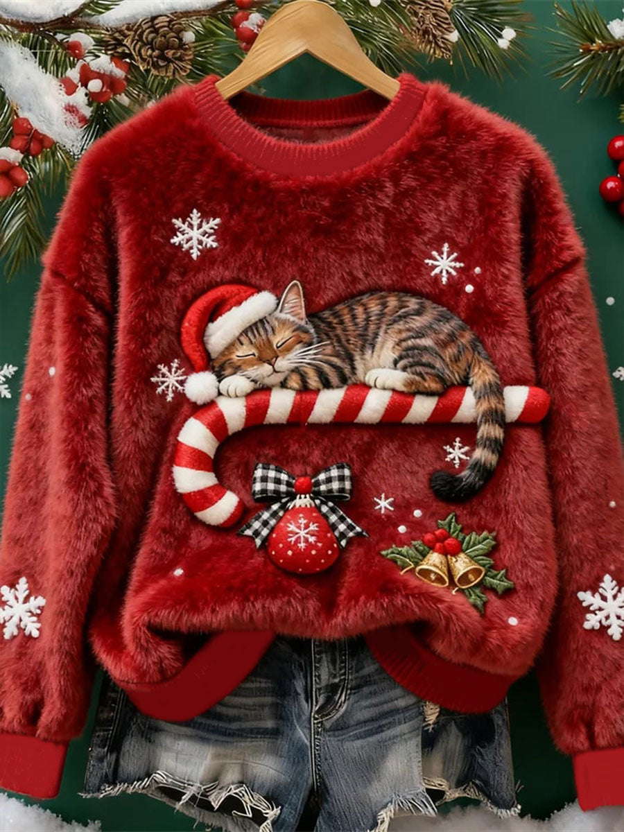 Sweat à capuche en flanelle chat de Noël pour femme