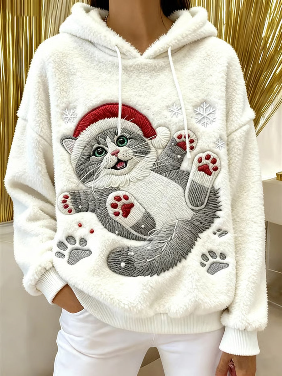 Mignon de Noël Cat Art Print Casual Flanelle Hoodie des femmes