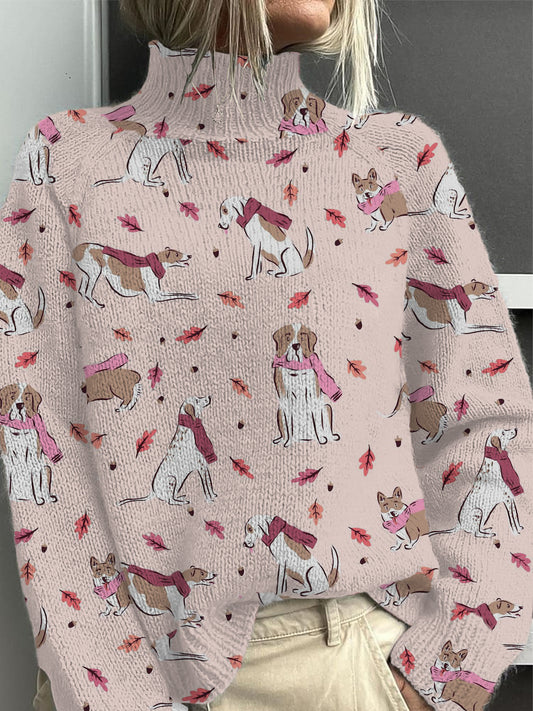 Femmes Belle Automne Chien & Feuille Imprimer Mock Neck Pull