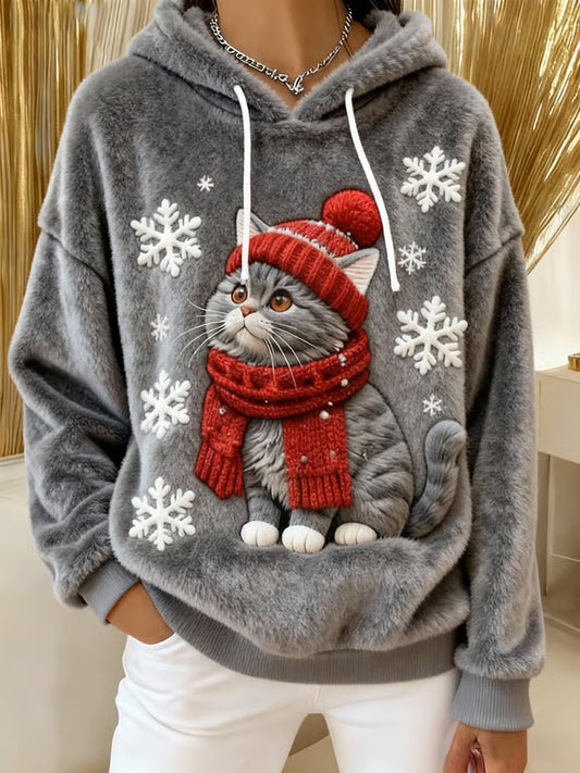 Mignon de Noël Cat Art Print Casual Flanelle Hoodie des femmes
