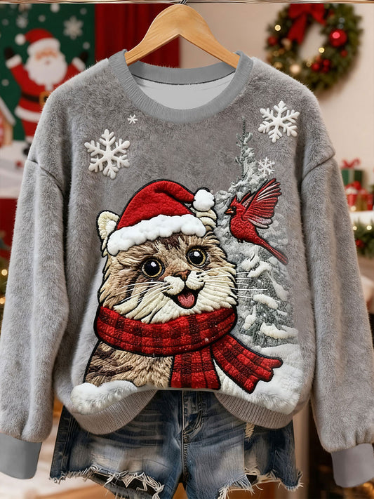Pull en flanelle décontracté à imprimé d'art chat de Noël pour femmes