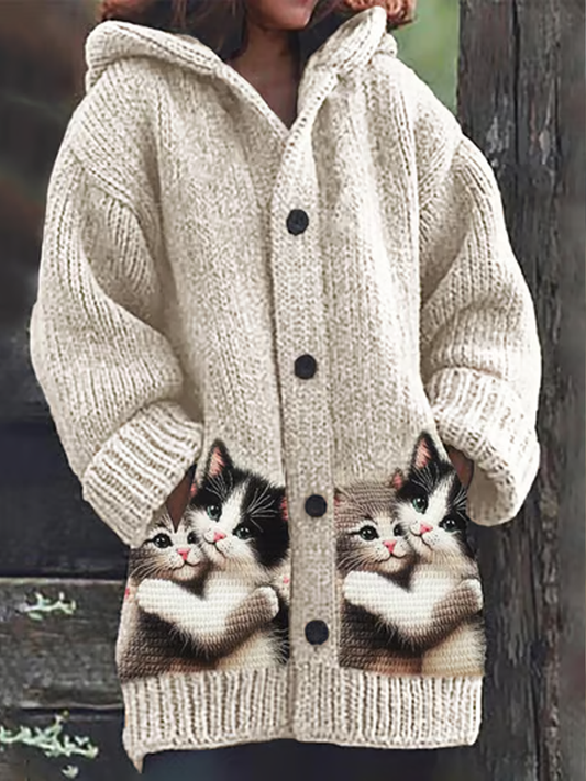 Manteau long en molleton composite à imprimé chat pour femmes