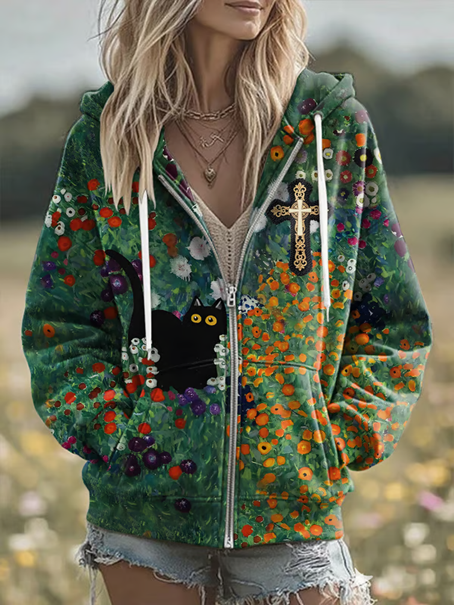 Sweat à capuche zippé imprimé chat mignon pour femmes