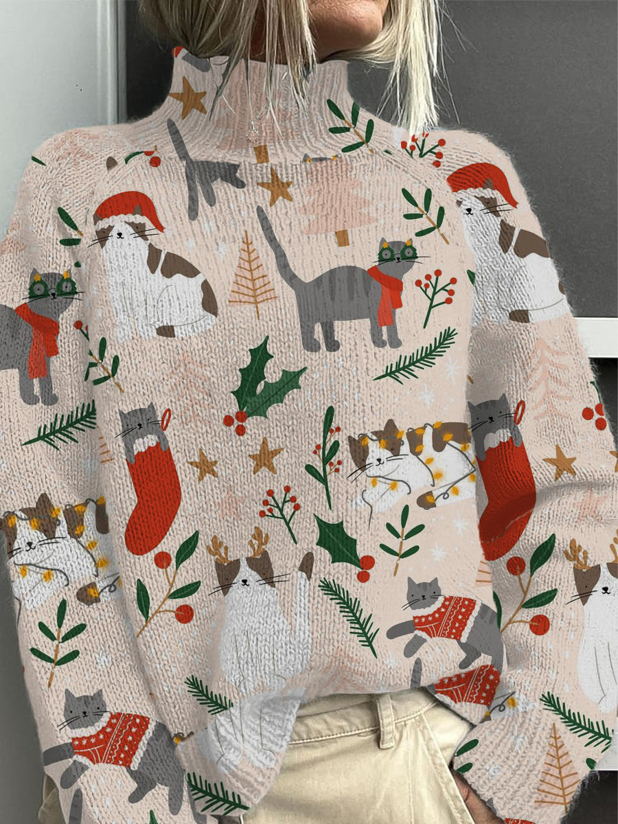 Festive Noël Chat Imprimer Mock Neck Pull Femme