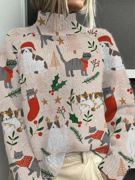 Festive Noël Chat Imprimer Mock Neck Pull Femme