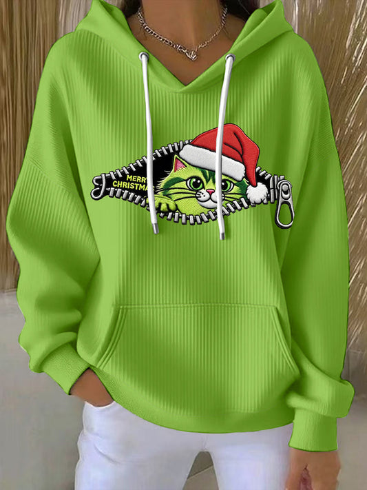 Sweat à capuche décontracté pour femmes Grinch Cat Print