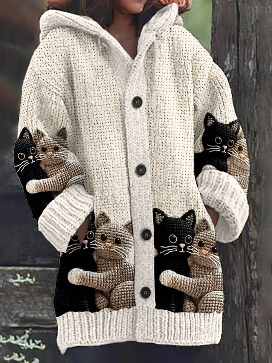 Manteau long en molleton composite à imprimé chat pour femmes