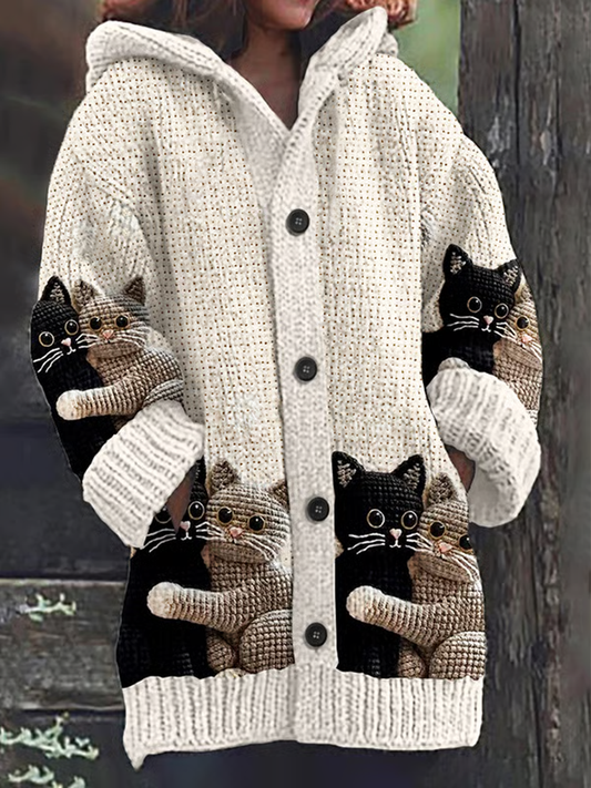 Manteau long en molleton composite à imprimé chat pour femmes