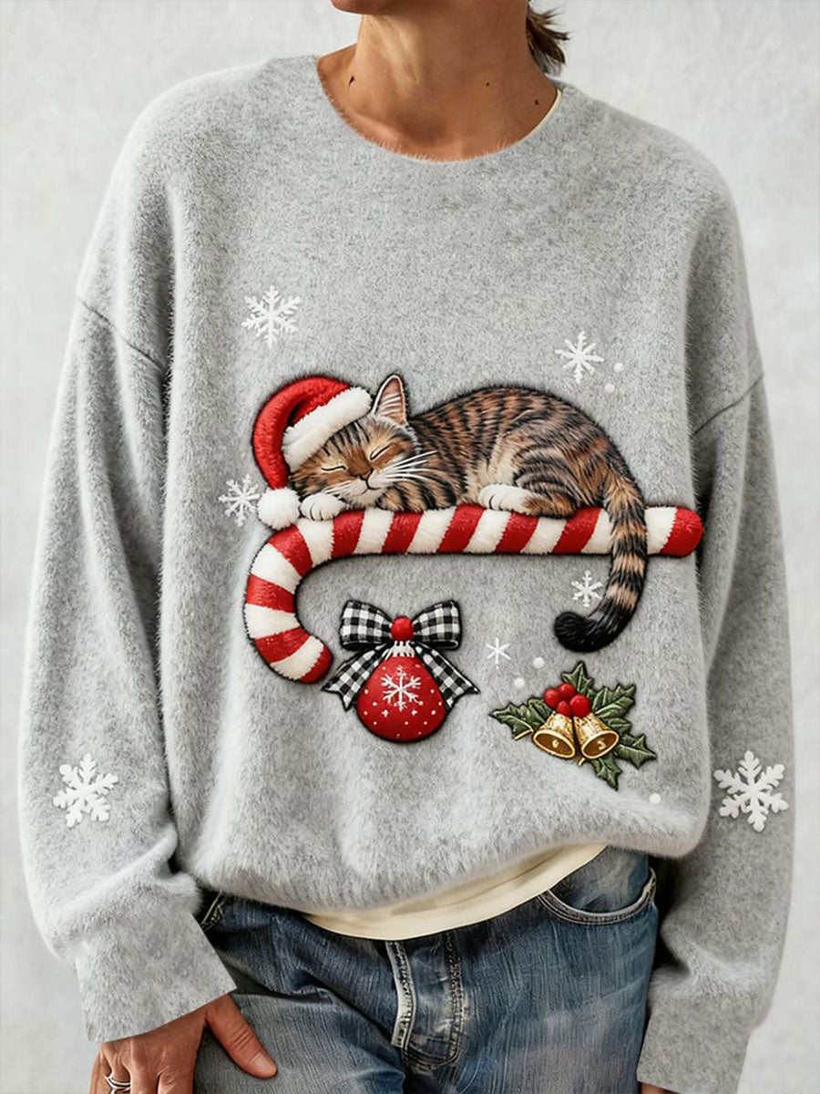 Sweat à capuche en flanelle chat de Noël pour femme