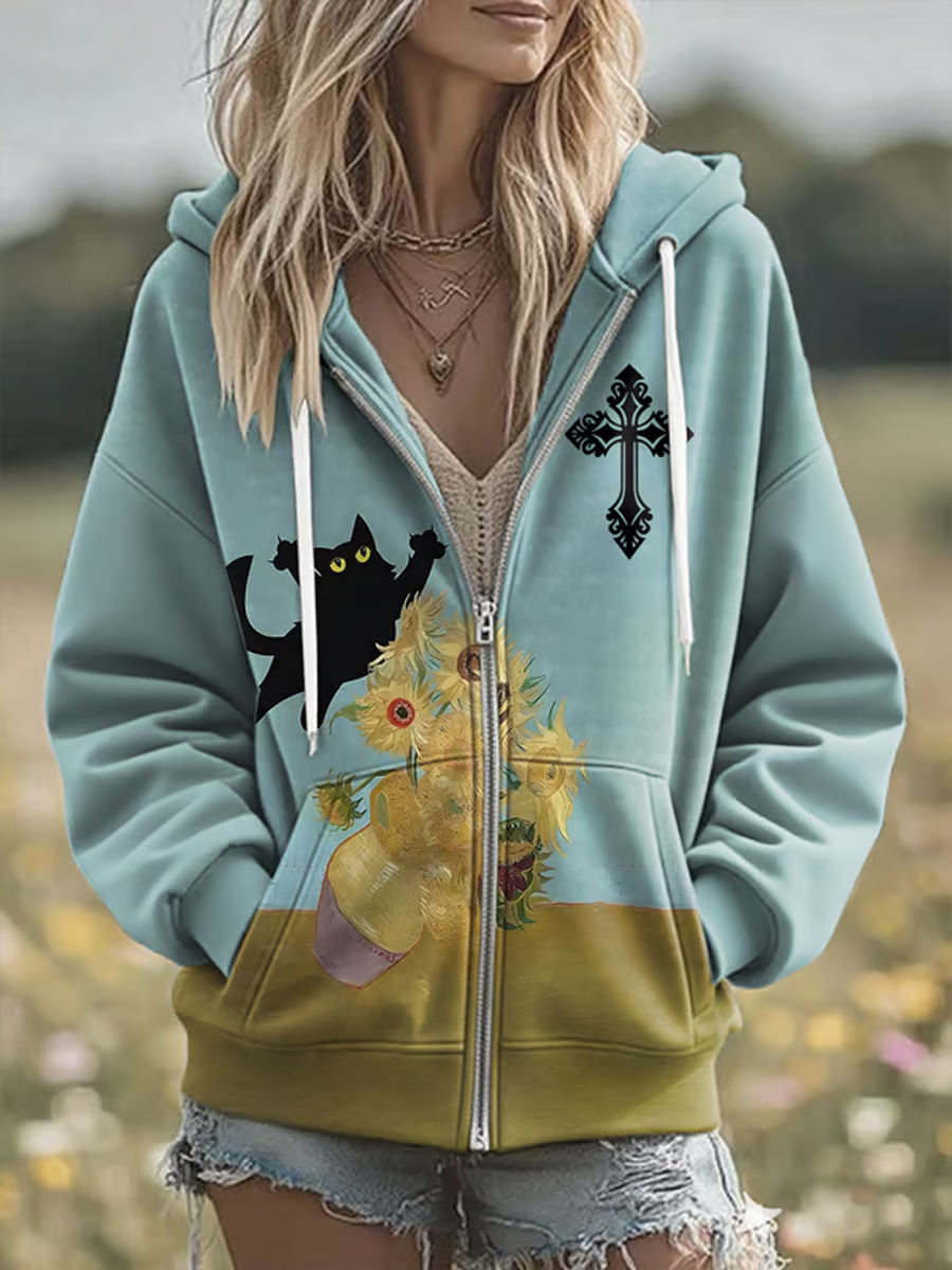 Sweat à capuche zippé imprimé chat mignon pour femmes