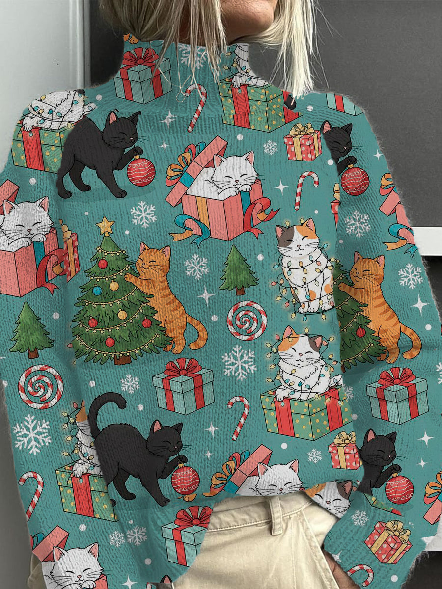 Pull à col montant pour femme Vibrant Christmas Cat & Gift Print