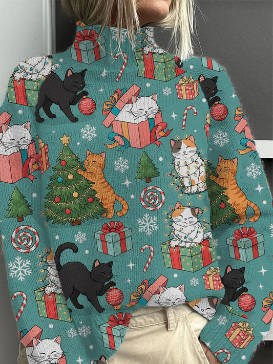 Pull à col montant pour femme Vibrant Christmas Cat & Gift Print