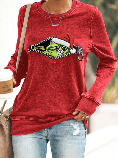 Funny Mignon Joyeux Noël Grinch Cat Print Casual Sweatshirt des femmes