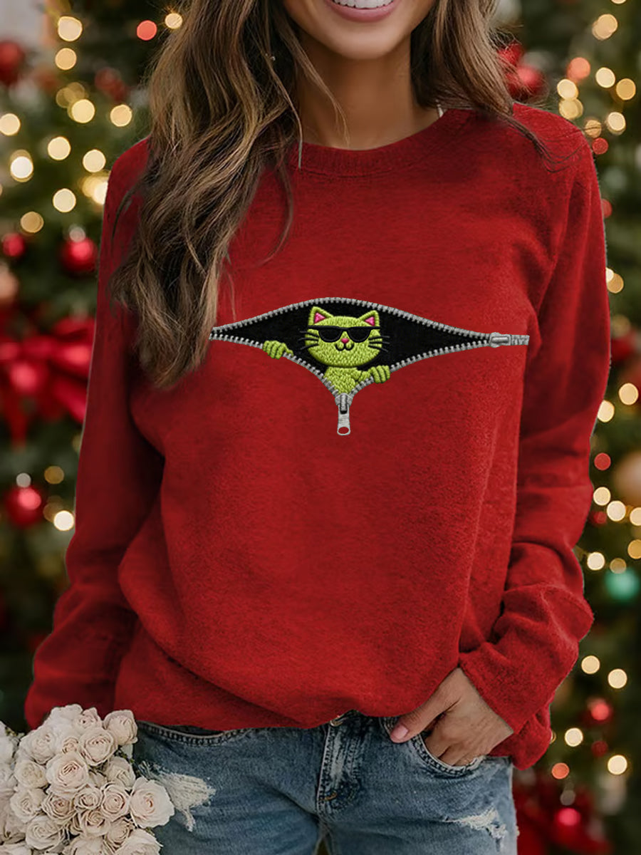 Funny Christmas Grinch Cat Print Sweat-shirt décontracté pour femmes