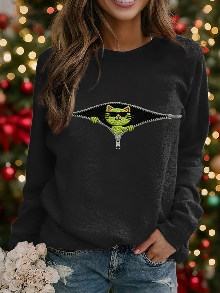 Funny Christmas Grinch Cat Print Sweat-shirt décontracté pour femmes