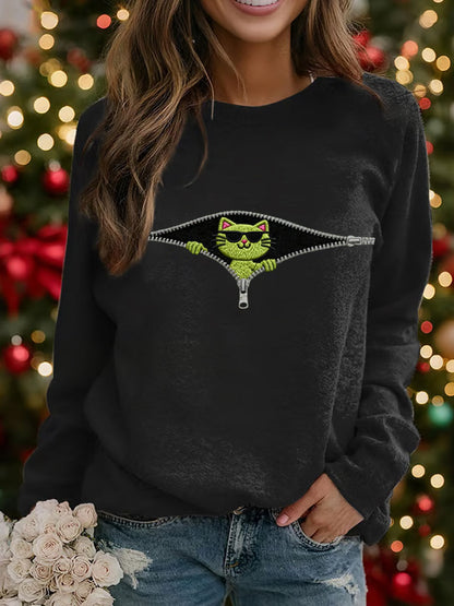 Funny Christmas Grinch Cat Print Sweat-shirt décontracté pour femmes