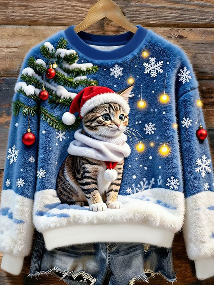 Sweat à capuche en flanelle chat de Noël pour femme