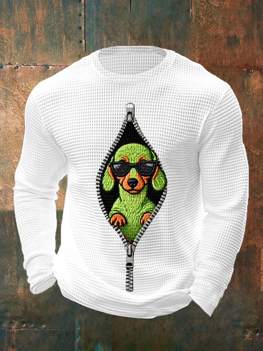 Drôle de Noël Grinch Teckel Imprimer Casual Waffle manches longues Top hommes