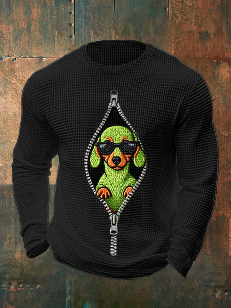 Drôle de Noël Grinch Teckel Imprimer Casual Waffle manches longues Top hommes