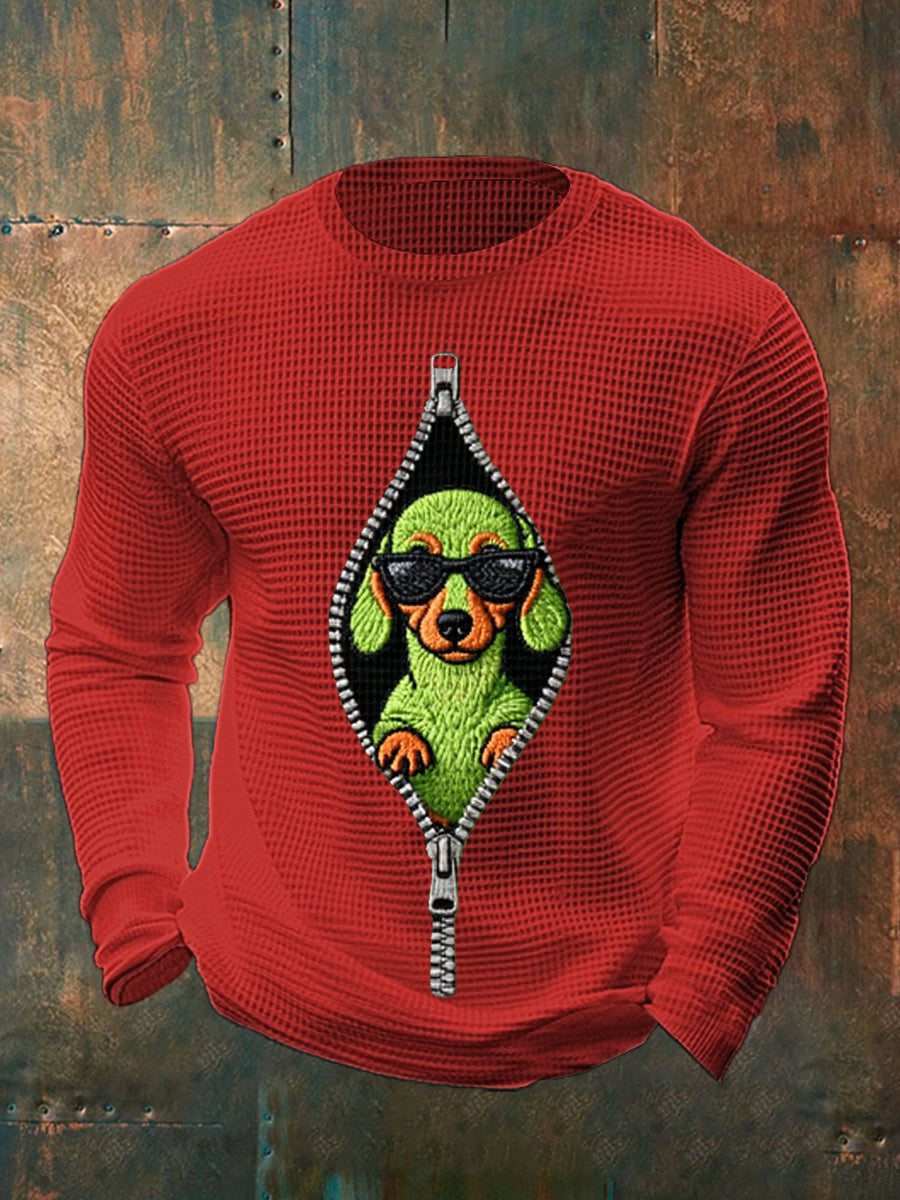 Drôle de Noël Grinch Teckel Imprimer Casual Waffle manches longues Top hommes