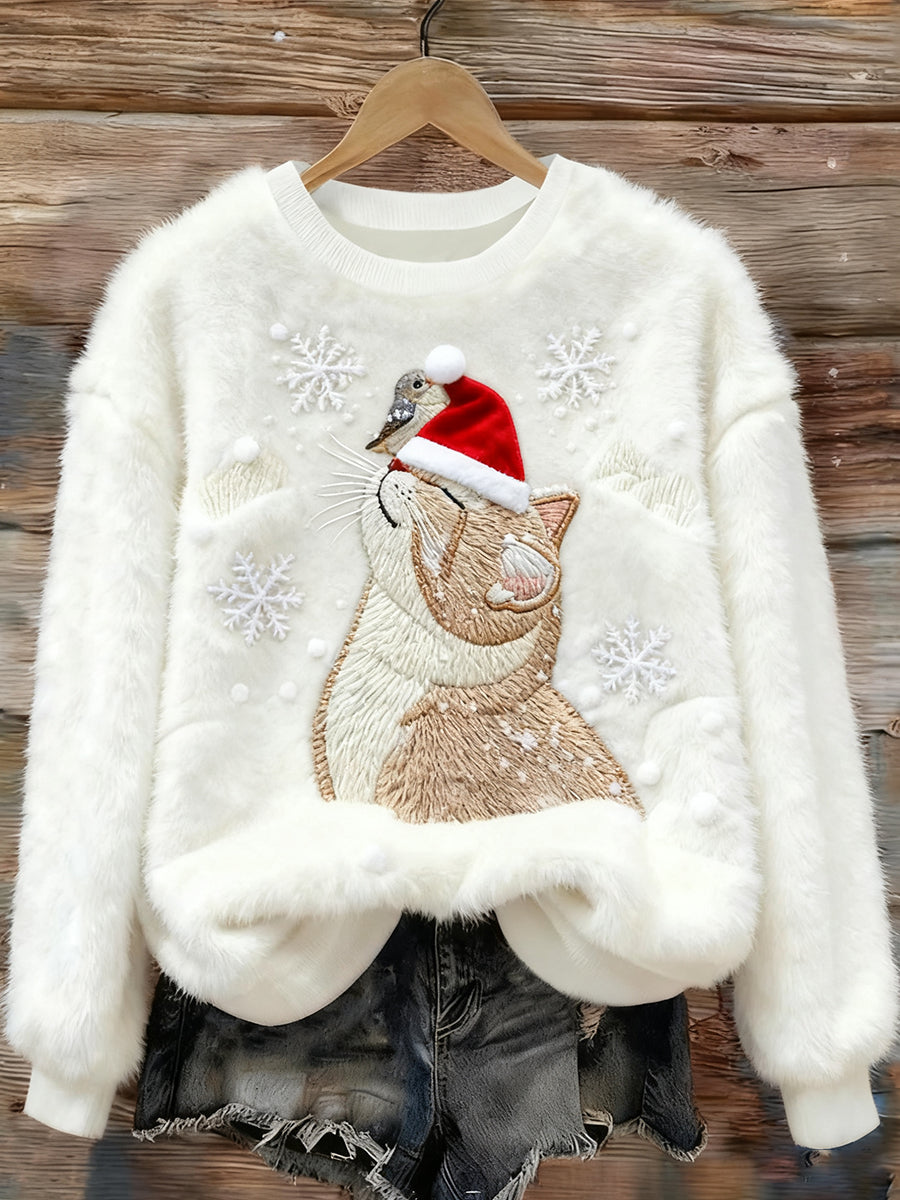 Pull en flanelle décontracté à imprimé d'art chat de Noël pour femmes