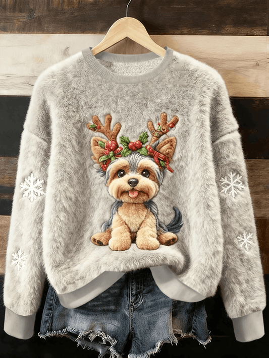 Pull en flanelle décontracté pour femmes, imprimé mignon de chien de Noël