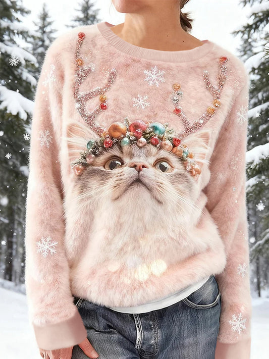 Pull en flanelle décontracté à imprimé d'art chat de Noël pour femmes