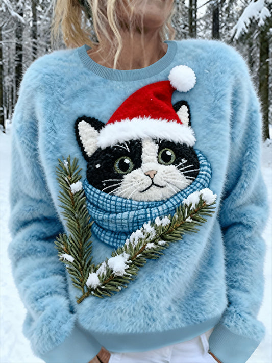Pull en flanelle décontracté à imprimé d'art chat de Noël pour femmes
