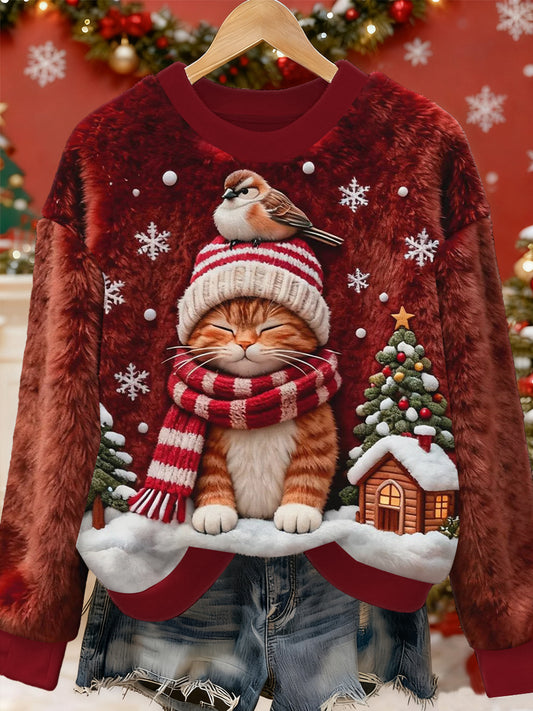 Pull en flanelle décontracté à imprimé d'art chat de Noël pour femmes