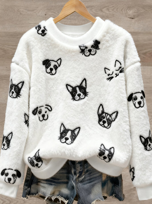 Pull en flanelle à imprimé animal mignon pour femmes
